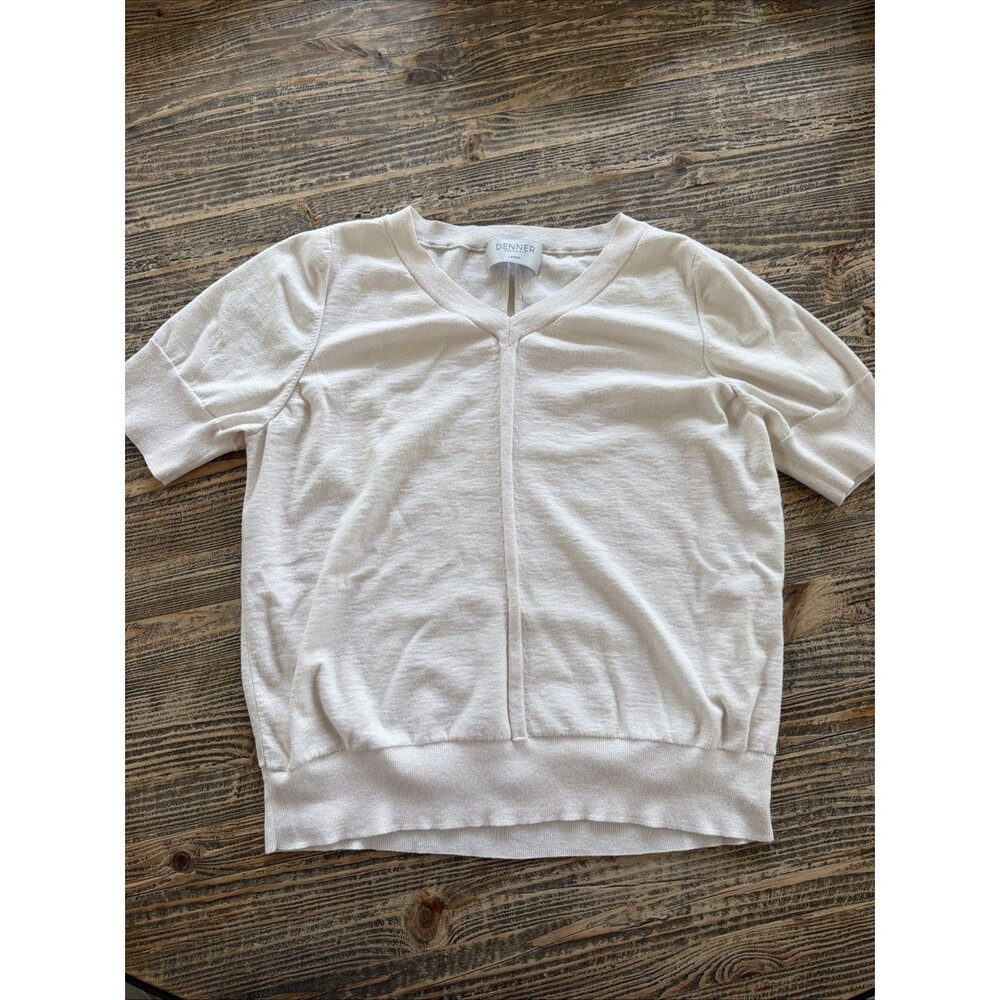 Denner Cream Knit Top Silk Cashmere Cotton Blend V-Neck Short Sleeve Womens L